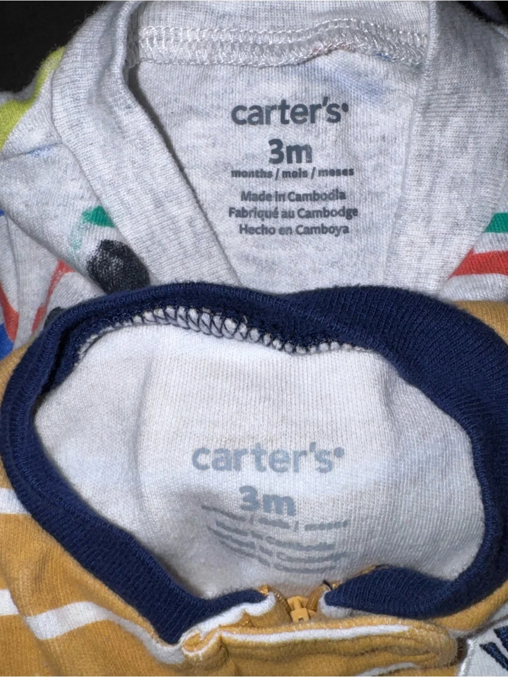 Carter's size 3 months Mustard Stripe and Multi-Vehicle Footed One-Pieces bundle